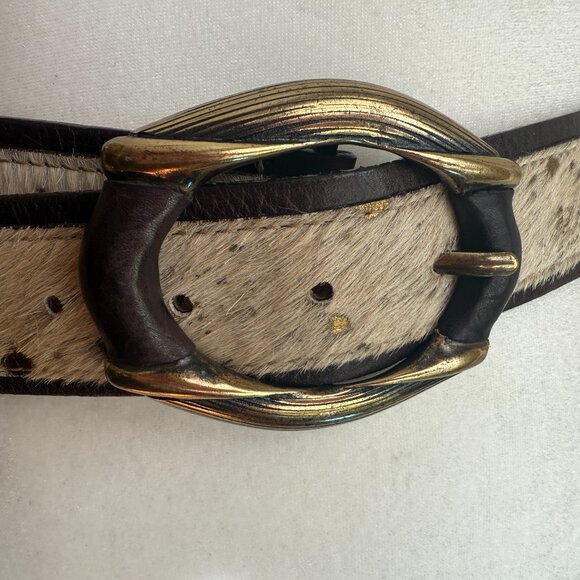 Streets Ahead Calf Hair Brown Metallic Gold Leather Belt EUC sz L - Picture 1 of 7